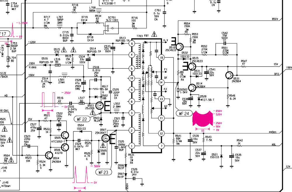 Excerpt of schematic diagram showing the flyback transformer